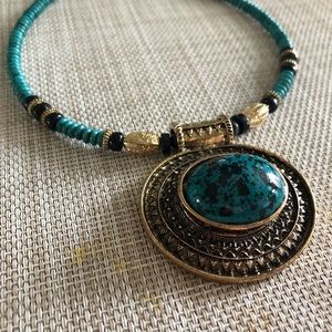 Vintage Turquoise Gold and Black beaded statement necklace